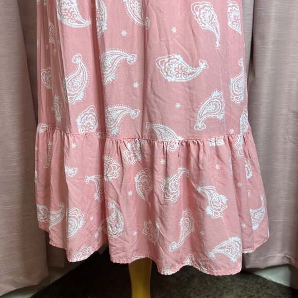 PatPat Pink Boho Paisley Midi Dress XL Short Puff Sleeves V-Neck 100% Viscose Ru - Picture 9 of 16